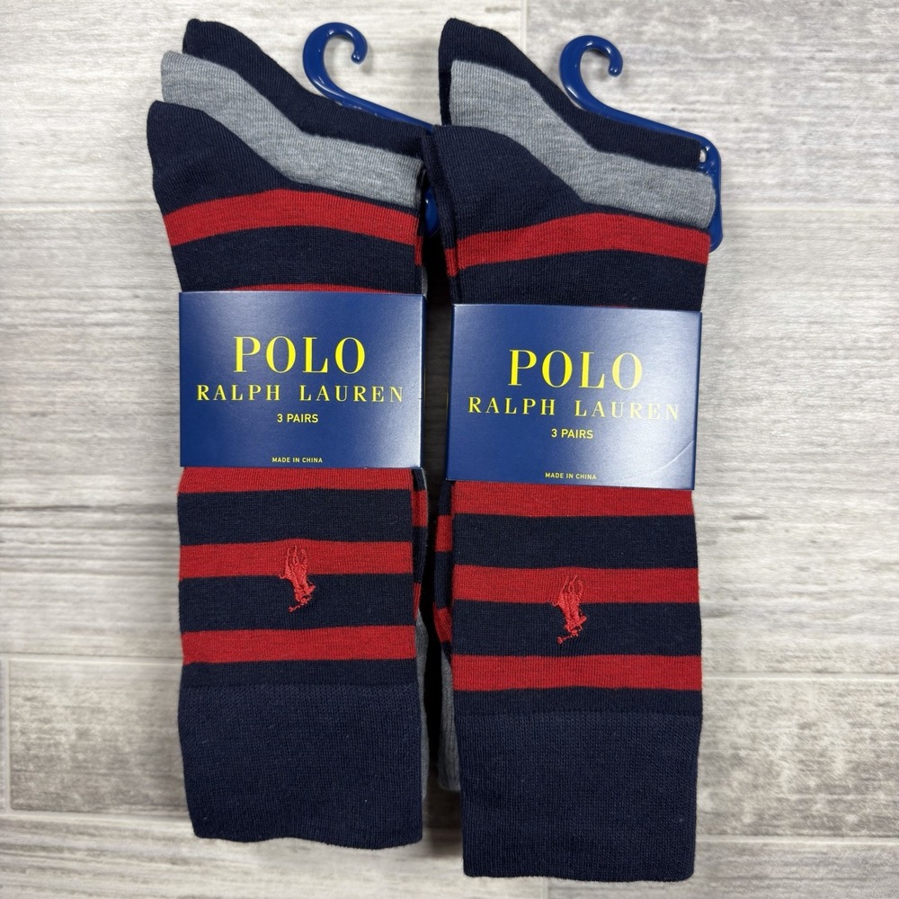 Polo Ralph Lauren Dress Sock Mens 10-13 Black Gray Striped 3 Pairs Crew Lot of 2